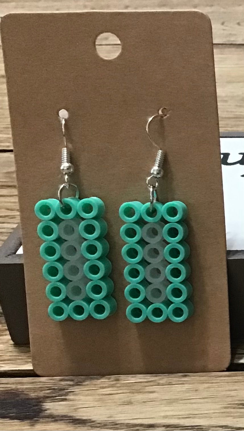 Handcrafted Rectangle Earrings; Teal, White, Clear