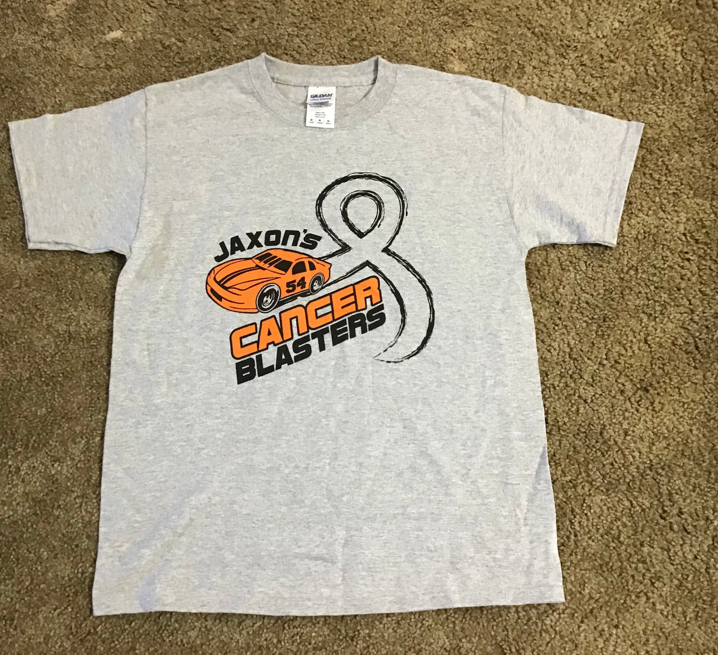Cancer Blasters T-Shirt Grey 54 Race Car Orange Gildan Youth Medium Youth Large Blank Back