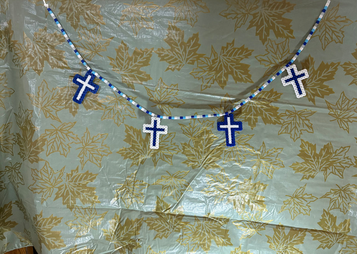 Handcrafted Blue White Crosses Christmas Garland 26”