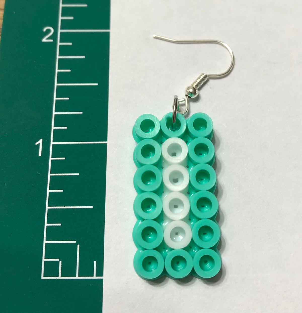 Handcrafted Rectangle Earrings; Teal, White, Clear