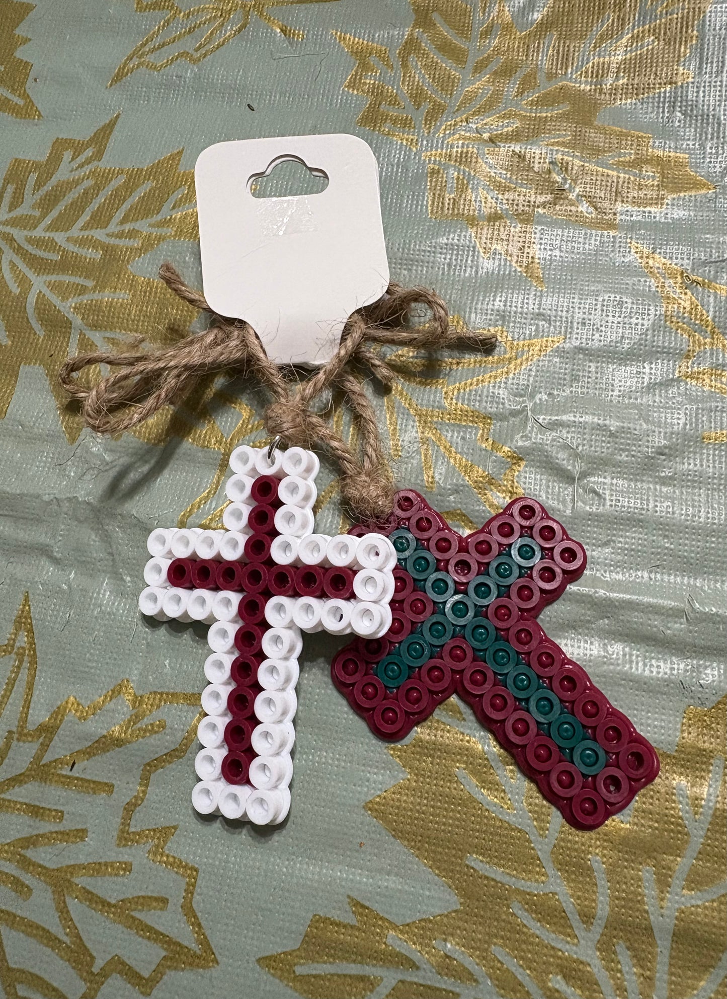 Handcrafted Cross Christmas Tree Ornament 2 Pack forest green/white/red