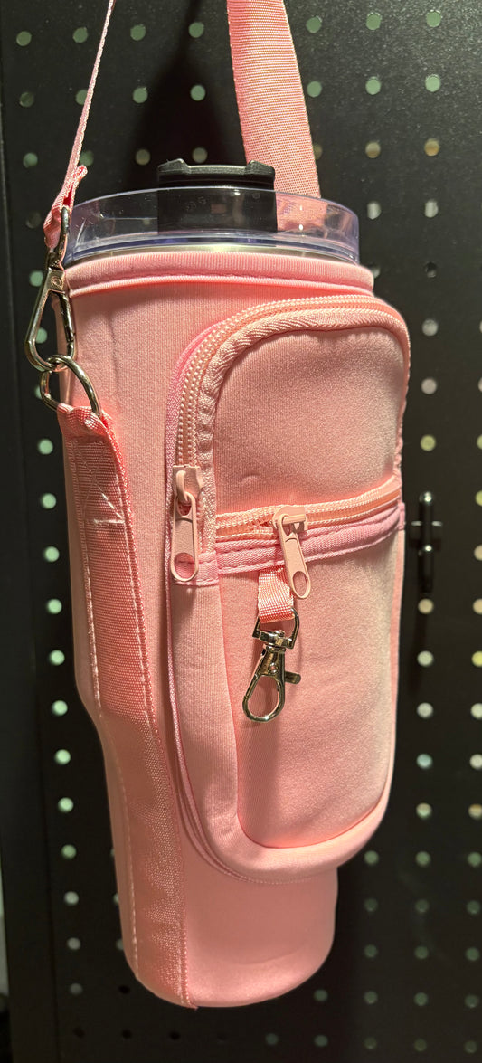 Pink Water Bottle Holder With Pockets, Shoulder Bag, Adjustable Strap, Cell Phone Case, Travel
