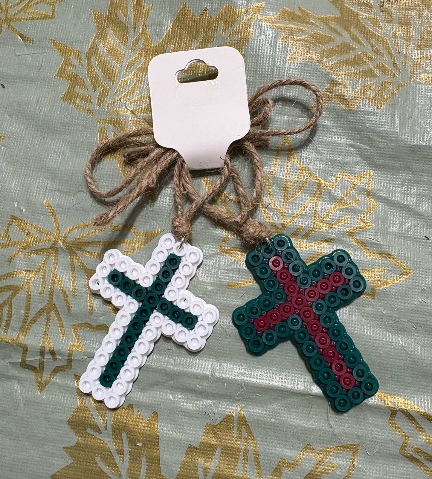 Handcrafted Cross Christmas Tree Ornament 2 Pack forest green/white/red