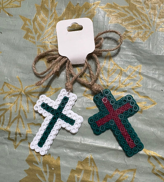 Handcrafted Cross Christmas Tree Ornament 2 Pack forest green/white/red