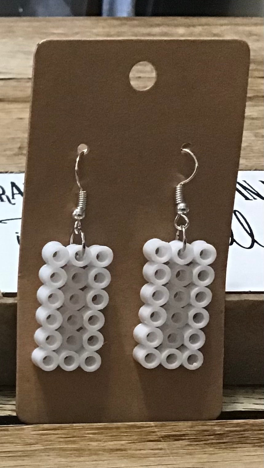 Handcrafted Rectangle Earrings; Teal, White, Clear