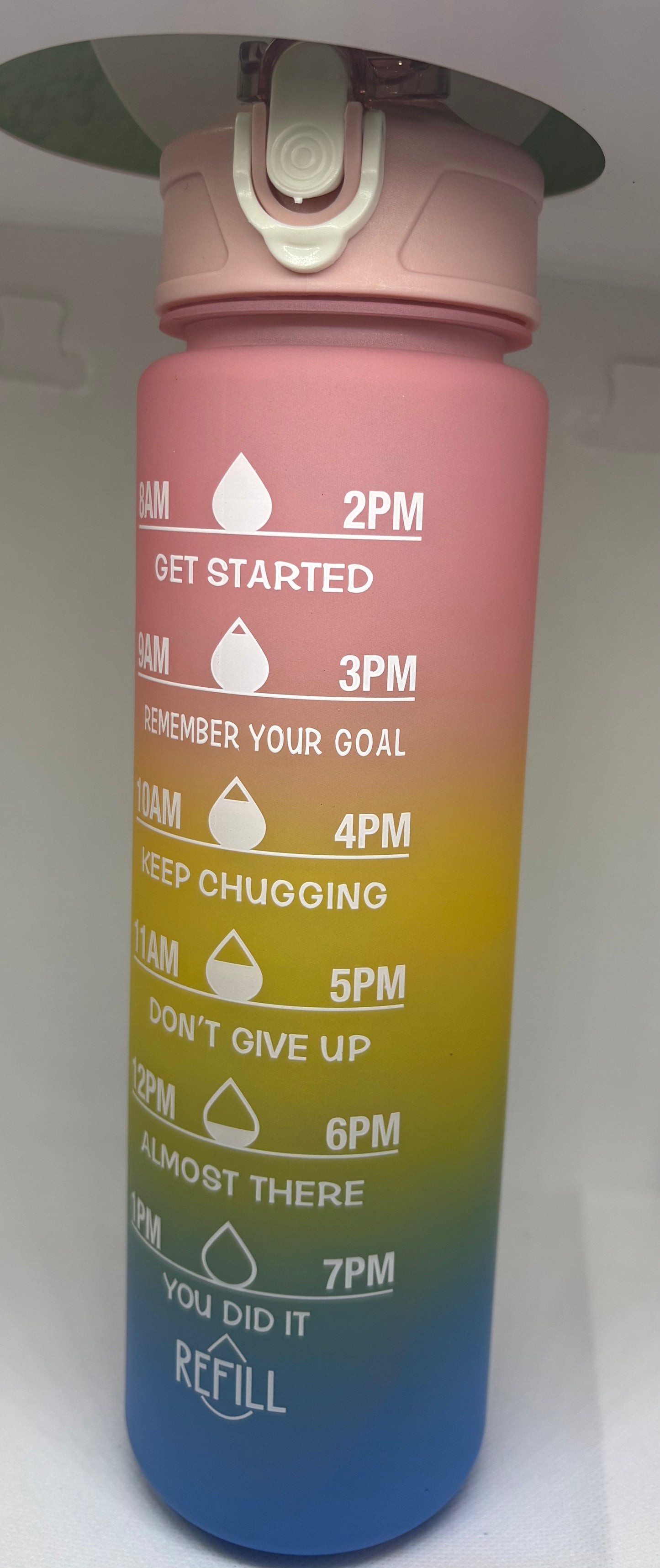 Water bottle secure lid multicolored water intake tracker