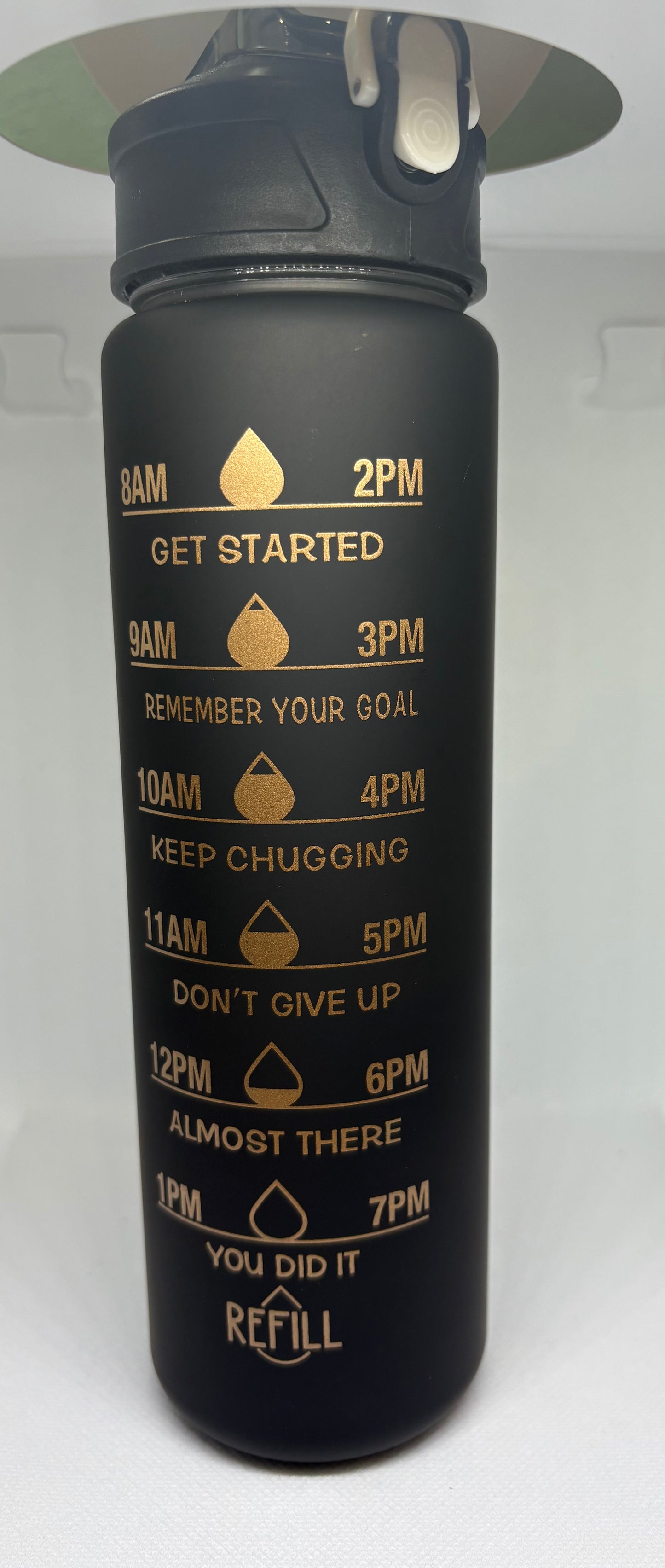 Water bottle secure lid multicolored water intake tracker