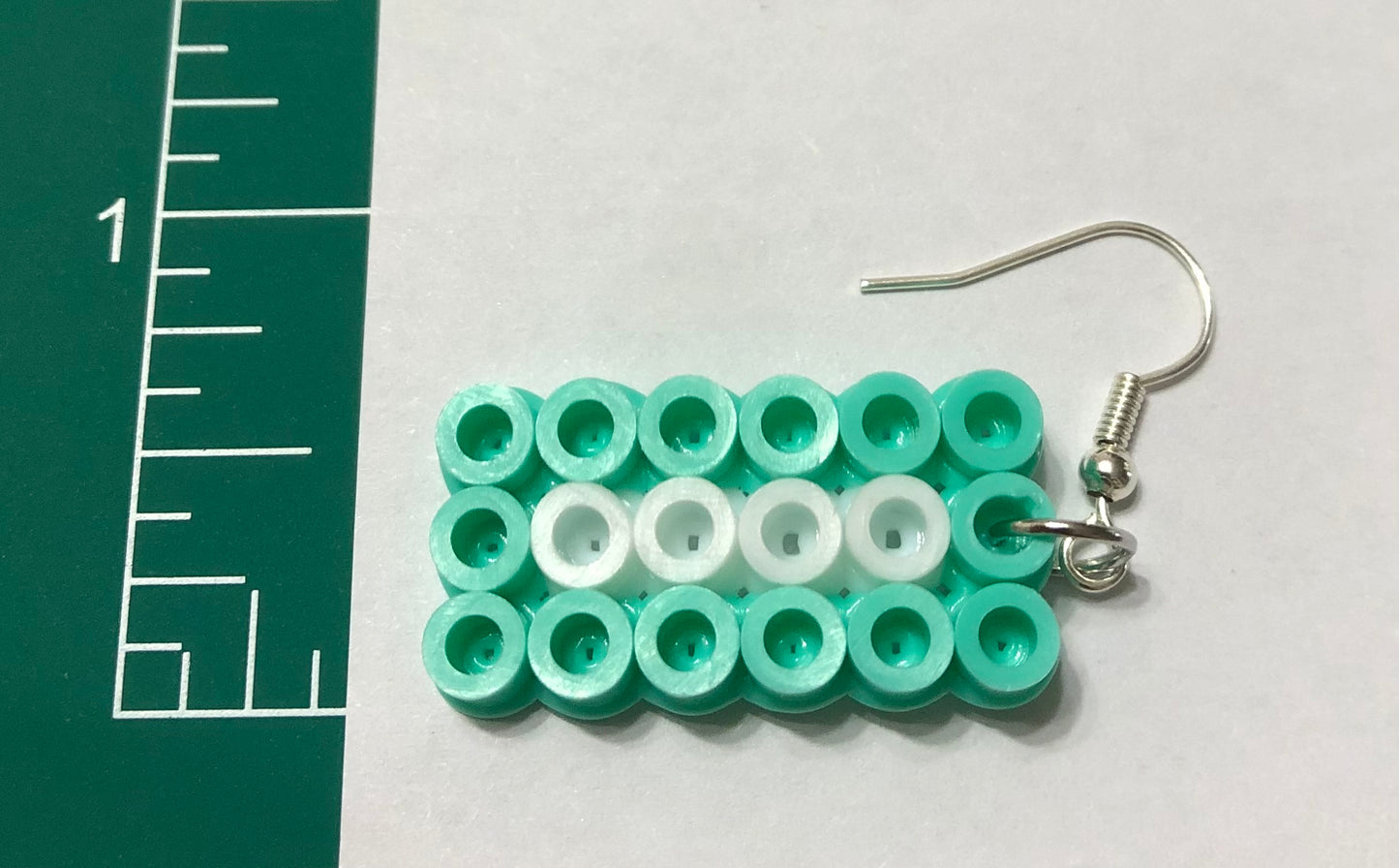 Handcrafted Rectangle Earrings; Teal, White, Clear